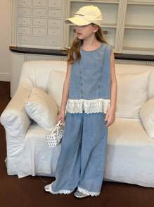 Hapijoa 青少年女孩日常休闲牛仔套装 - 藍色 - 查看 3