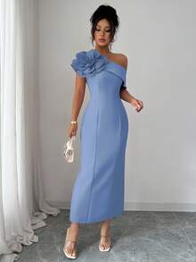 Modelyn Women's Oblique Shoulder Floral Decor French Elegant Party Dress - Blue - View 6