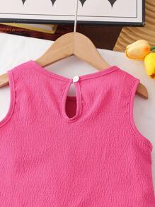 2pcs Young Girl Textured Fabric Contrast Hem Sleeveless Top & Casual Shorts Set Girls Pink Two Piece Set Girls Summer Outfits Pink Short Sets Girls