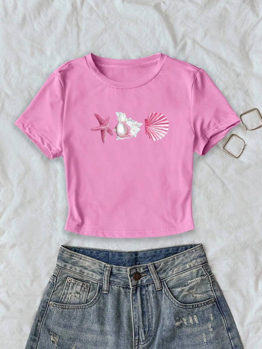 Kaos Crop Lengan Pendek Kasual Wanita Motif Bintang Laut, Kerang, dan Cangkang Kerang, Cocok untuk Liburan - Berwarna merah muda - View 1