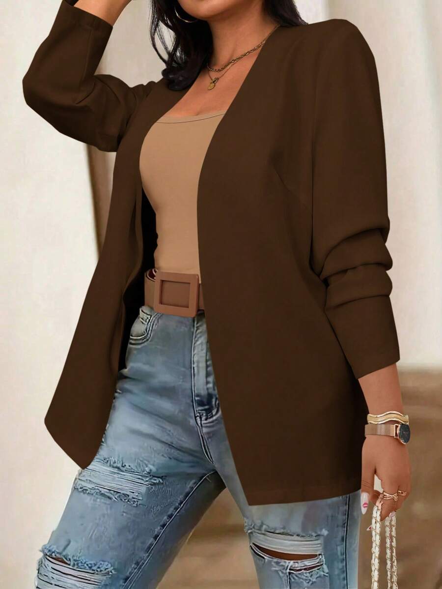 Auvina Áo khoác blazer trơn màu công sở & thường ngày cỡ lớn - màu nâu - Xem 1