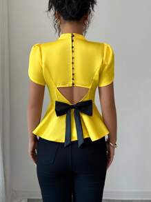 Elenzga 女式夏季露背蝴蝶结花卉装饰短袖时尚衬衫 - 黃色 - 查看 4