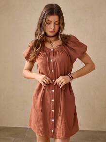 Wildy Women's 100 Percent Cotton Comfortable Casual Brick Red Button Front Short Dress Women's Elegant Jacquard Mini Dress, Summer Red DressWomen Brunch Dress Daisy Dress Women Back To School Night Out/Going Out Back To School Going Out Outfits Teacher Outfits Cream Dress Bubble Skirt - Redwood - View 3