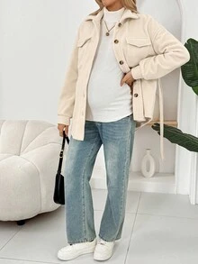 SHEIN Maternity Solid Color Drop Shoulder Long Sleeve Utility Pocket Single-Breasted Casual Regular Jacket