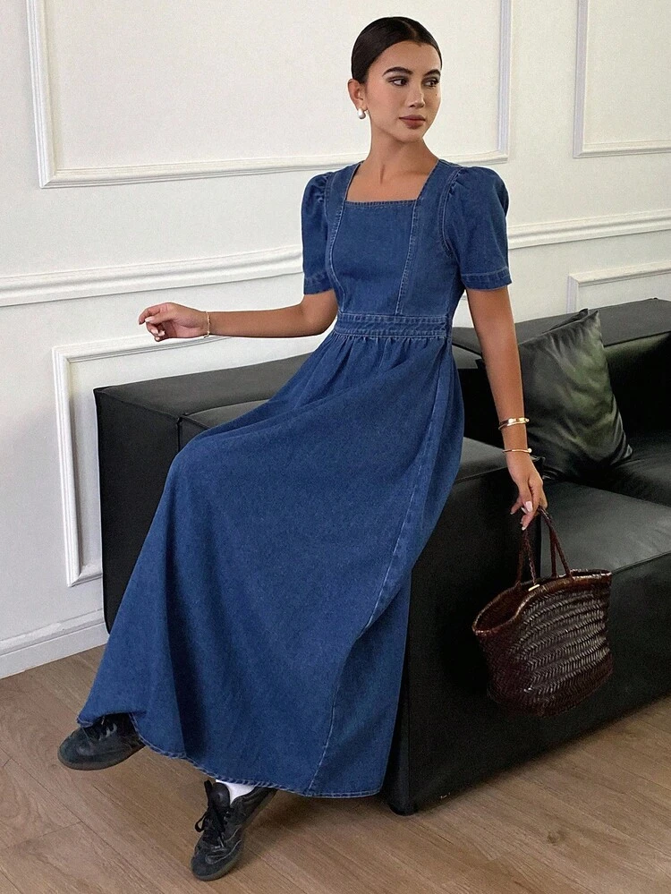 Women's Square Neck Solid Color Puff Sleeve Pleated Denim Dress
