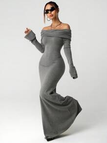 SHEIN ICON Vestido casual largo gris con hombros descubiertos de moda para mujer en otoño/invierno - Gris - Ver 5