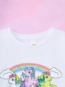 My Little Pony X SHEIN 青少年女孩休闲可爱马匹印花圆领运动衫 - 白色 - 查看 3