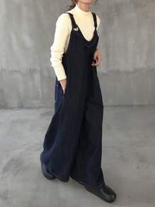 FRIFUL 女士休闲通勤阔腿牛仔连体裤女士工装裤牛仔工装裤背带裤阔腿工装裤牛仔连体裤 - 黑色 - 查看 2