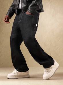 SUMWON 阔腿宽松高腰牛仔裤，印有洛杉矶标志，滑板风格，休闲版型，灯笼裤，现代都市街头时尚纯色 - 黑色 - 查看 4