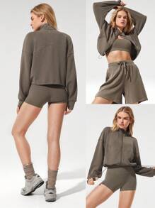 GLOWMODE Softserene 莫代尔 凉爽舒适 丝滑透气 轮廓接缝 立领 抽绳腰部 大口袋 拇指孔 腰长 拉链夹克 日常休闲装 - 棕色 - 查看 8