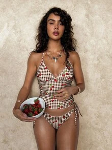 SHEIN Swim Summer Sweet Cherry Plaid Bikini Set - Brown - View 5