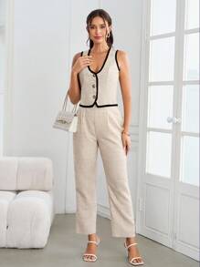 Ellevyn 女士撞色镶边V领西装外套和裤子套装，适合通勤秋季女装，女士办公室服装，两件套，女士度假服装，女士商务休闲装 - 杏色 - 查看 2