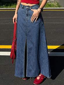 DAZY Women's Casual A-Line Denim Skirt With Pockets And Side Slit