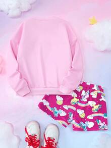 My Little Pony X SHEIN 2 件套青少年女孩字母和卡通图案圆领长袖运动衫和短裤套装 - 彩色 - 查看 2