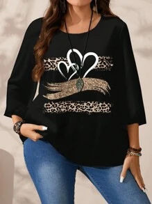 EMERY ROSE Plus Size Women Casual All-Over Print Round Neck Loose 3/4 Sleeve Shirt Fall Clothes Chic Blouses For Women