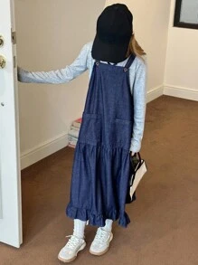 Hapijoa 女童牛仔背带裙，青春期女孩秋装 - 藍色 - 查看 3