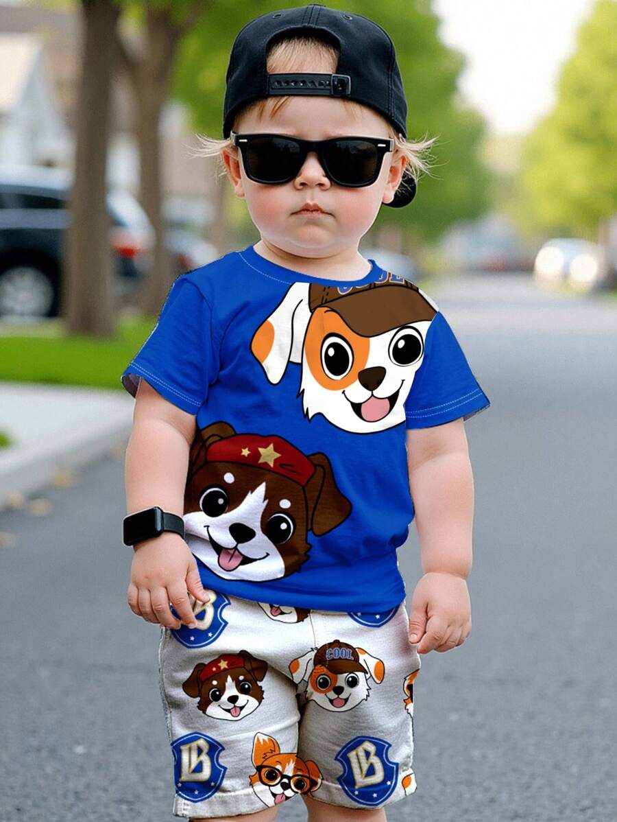 SHEIN PUPPIES,2 件儿童套装,年轻男孩休闲简约圆领短袖 T 恤和短裤,适合夏季 - 彩色 - 查看 1