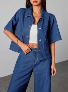 SHEIN PETITE Women's Casual Washed Denim Short Sleeve Blouse, Summer - Medium Wash - View 4