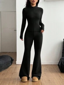 Coolane 女士秋冬街头休闲运动基本款简约针织保暖/寒冷天气/保暖四分之一拉链法式灰色修身长袖高领 T 恤和喇叭裤两件套羊毛服装 - 黑色 - 查看 3