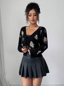 Modelyn 女士优雅花卉提花系带短款开衫 - 黑色 - 查看 3