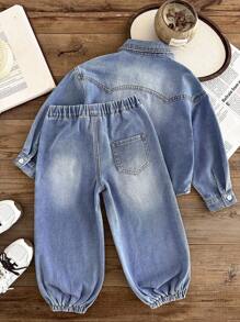 SHEIN 2pcs/Set Young Boy Fall/Winter Vintage Casual Basic Everyday Style Blue Denim Lapel Long Sleeve Shirt And Elastic Waist Loose Fit Cuffed Jogger Jeans Set,For Baby Fall/Winter Clothes,Boys Back-To-School Clothes,Baby Boys Baby Girls Streetwear Outfits,Toddler Boys Denim Two-Piece Set,Boys Christmas Outfits