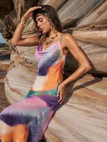 Opulessa 女士节日扎染印花露背性感细肩带连衣裙 - 淺藍色 - 查看 2