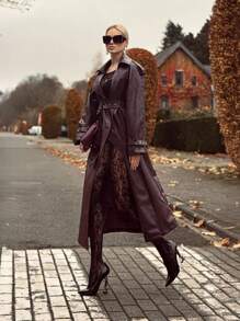 Anewsta معطف طويل أنيق ذو لون أحمر ثابت مزدوج الصدر من الأنجورا للنساء، مناسب للخريف والربيع