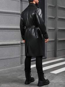 Manfinity CasualCool 男士纯色翻领双排扣休闲PU风衣，春秋季，男士秋季黑色风衣，男友礼物，男士黑色皮衣，皮质风衣，长款皮衣，黑色皮质风衣 - 黑色 - 查看 2