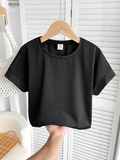 SHEIN Tween Girl Casual Solid Color Loose Round Neck Cuffed Raglan Short Sleeve Cropped T-Shirt Black Crop Top Black Tee Crop Top T-Shirt Teen Black Tops Cute Black Tops Black Crop T Shirt