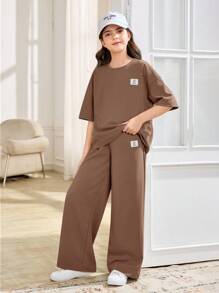 SHEIN 2 件套青少年女孩休闲宽松舒适圆领短袖 T 恤和裤子套装 - 駝色 - 查看 5