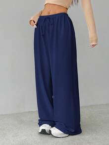 SHEIN Tall Soft Home Baggy Pants, Loose Pant Navy Blue Pants,Fall - Navy Blue - View 5
