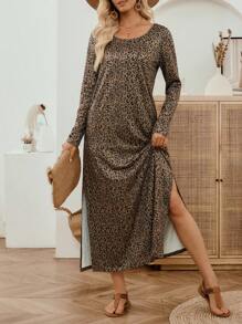 SHEIN LUNE Women's Leopard Print Round Neck Long Sleeve Maxi Dress,Brown Checkered,Autumn,Casual,Occasion Modest Dress For Women - Multicolor - View 3