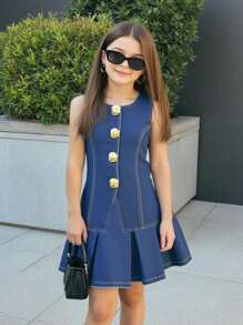 Firerie Kids Firerie Kids Tween Girls Elegant 2 Pcs Casual Minimalist French Metal Big Button Sleeveless Women's Thin Denim Blazer And Hight Waist Pleated Denim Short Skirt,Luxury Style Decorated Button Cardigan Vest + Pleated Mini Skirt 2 Pieces Suit Set,For Party Y2K Two Pieces Outfit,Office Outfits,Kids Fall Back To School Homecoming Two Pieces Outfits,Tween Girls Dark Wash Denim Camisole Skirt Set With Pleated Design,Everyday Casual Sleeveless Denim Two-Piece Outfit For Tween Girls - Dark Wash - View 1