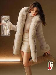 Anewsta Tjock lång fluffig pälskragefodrad parka med insnörning i midjan, vadderad kappa för kvinnor