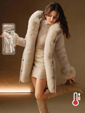 Anewsta Manteau parka avec col en fourrure épaisse et longue, doublé, taille resserrée, manteau matelassé pour femmes