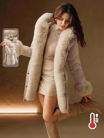 Anewsta Parka groasă, lungă și pufoasă, cu guler de blană, căptușită cu talie strânsă, haină căptușită pentru femei