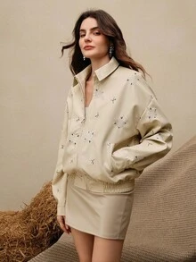 Anewsta Casual Fashion Versatile Long Sleeve Zip-Up Embroidered Short Women Leather Jacket - Apricot - View 10