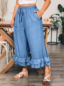 EMERY ROSE Quần dệt thường ngày cỡ lớn cho nữ có viền xếp nếp và túi, dáng ngắn - Màu xanh lam - Xem 1