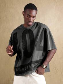 SUMWON Urban Aesthetic Distressed Effect Oversized T-Shirt Streetwear Graphic Print Design Number Art Casual Hip Hop Festival Summer Cool - Dark Grey - View 5