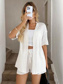 SHEIN LUNE 2pcs/Set Plus Size Casual Elastic Waist Top & Shorts Set Plus Size Linen Outfits Women Summer Outfit Set Linen Two Piece Set Summer Cardigan Plus Size Plus Size Summer Outfit Vintage Old Money Style Women Streetwear Fall Outfits Back To School Kawaii Streetwear Women Vintage Clothes Basic Back To School Autumn Going Ou Tracksuit White Shirt