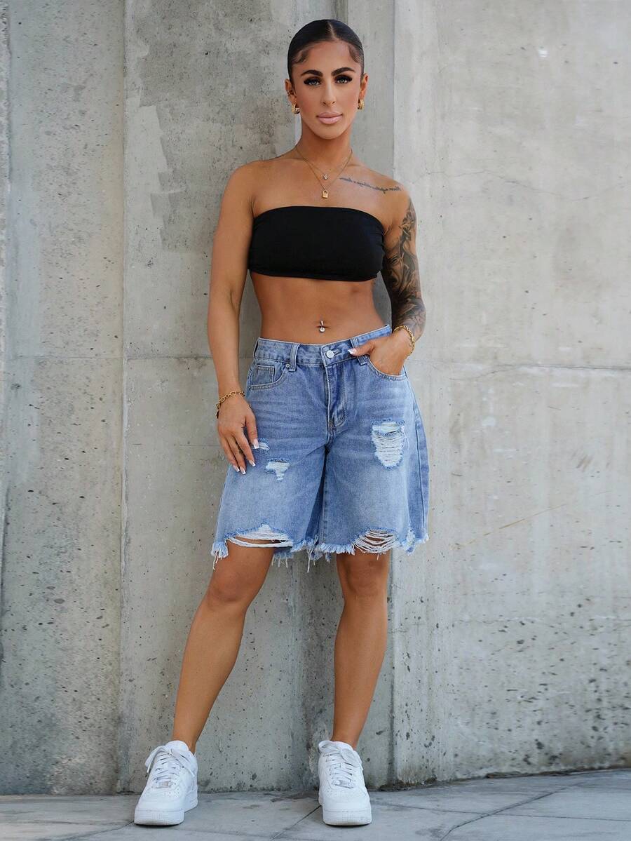 SAYEHFBABY Women's Front Button Pocket Distressed Simple Casual Denim Shorts, Tall Women - Blue - View 1