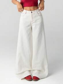 SHEIN ICON Women's Early Autumn New White Cute Heart-Shaped Strawberry Bow Embroidered Straight Leg Pants, Casual Outgoing Minimalist - White - View 7