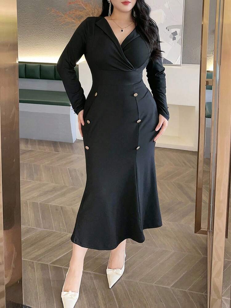 Dazy Plus Plus Size V-Neck Elastic Fitted Long Sleeve Double-Breasted Wrap Long Black Elegant Cocktail Dress Prom Dress