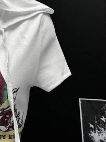 EgrlEra 女士玫瑰印花短袖连帽 T 恤 - 白色 - 查看 4