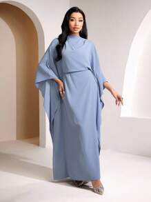 Veilorie Solid Color Batwing Sleeve Cinching Waist Elegant Dress
