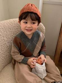 DAZY Toddler Boys' Rhombus Pattern Contrast Color V-Neck Casual Knit Sweater, Spring/Autumn