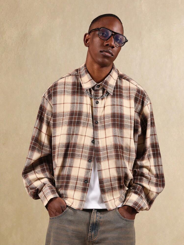 Oversized Plaid Flannel Button Down Shirt With Chain Detail