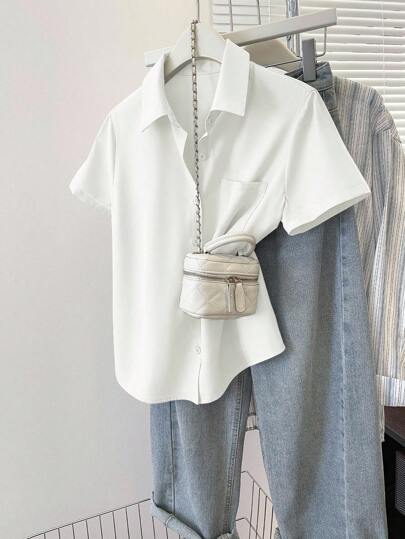 INAWLY Women's Summer Casual Solid Color Short Sleeve Blouse