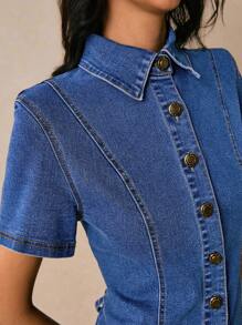 Poéselle 女士牛仔连衣裙金属纽扣装饰腰部连衣裙女士连衣裙蓝色衬衫连衣裙女士纯色前扣休闲短袖牛仔连衣裙夏季女装夏季连衣裙波西米亚风夏装夏季女装牛仔连衣裙 Y2k 乡村音乐会服装节日服装 - 中等水洗藍 - 查看 3