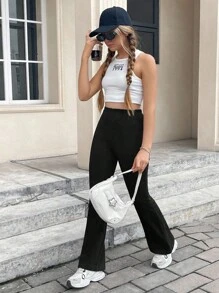 SHEIN Teen Girls Solid Flare Leg Trousers - Black - View 5